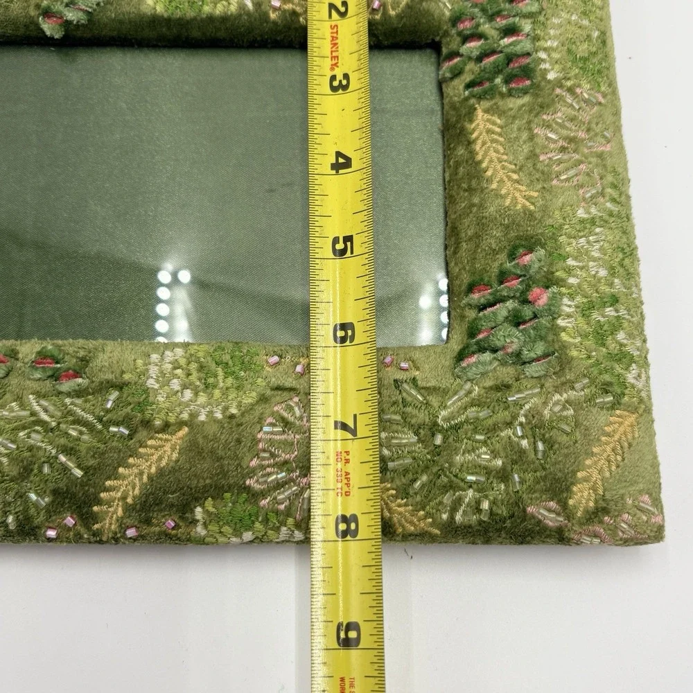 Velvet Beaded Picture Frame Green Floral Garden Embroidered Cottagecore 5x7